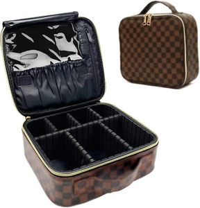 Checkered Makeup Bag, Portable Makeup Bag with Adjustable Partition, Cosmetic Ba - Picture 1 of 7
