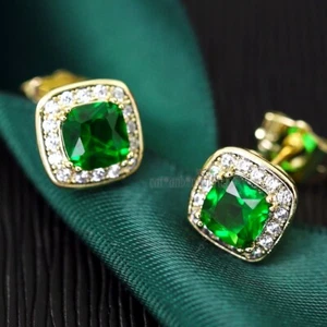 14K GOLD GF EMERALD GREEN SQUARE HALO SIMULATED DIAMONDS VINTAGE STUD EARRINGS - Picture 1 of 6