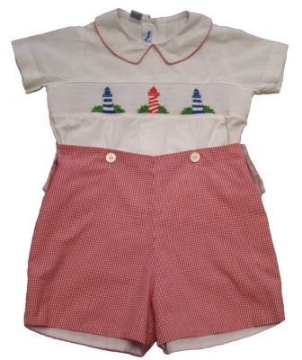 VTG Silly Goose Boys Size 3 Hand Smocked Lighthouses Shirt Gingham Short Outfit - Image 1 of 4