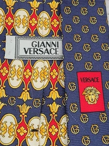 Corbata de seda Gianni Versace GV y Medusa azul dorado rojo diseño barroco O251 - Imagen 1 de 8