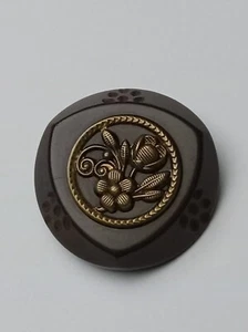Vintage Carved Bakelite Button w Stamped Brass Flowers - Picture 1 of 2