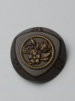 Vintage Carved Bakelite Button w Stamped Brass Flowers - Image 1 of 2