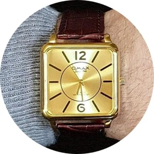 OMAX Clásico Casual, Seiko Movt, Cuero Marrón, Cuadrado Oro Vestido Reloj SC8047 - Picture 1 of 9