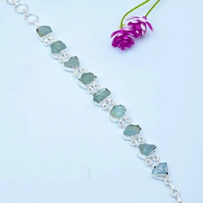 Natural Raw Aquamarine Gemstone Chain Bracelet 925 Sterling Silver Jewelry Gifts - Image 1 of 4