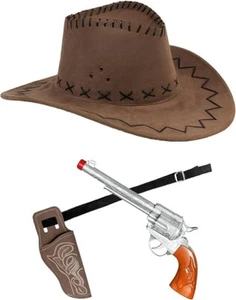 Erwachsene Western Cowboy Cowgirl Zubehör Set brauner Hut, Spielzeugpistolen mit Holster Gürtel - Bild 1 von 4
