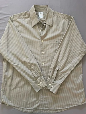 Lacoste Dress Shirt Mens Sz 45 Beige Stripe  Crocodile Pocket Long Sleeve Button - Imagem 1 de 4