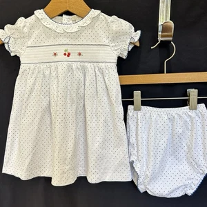 Kissy Kissy Premiere Baby Dress w/ Bloomers Cherry Smocking White & Blue 9 Month - Picture 1 of 11