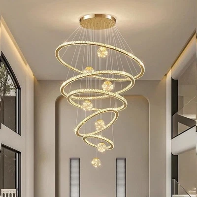 Golden Orbit Ball Crystal Chandelier Villa Pendant Lamp Big Ring LED Round Light - Image 1 of 4