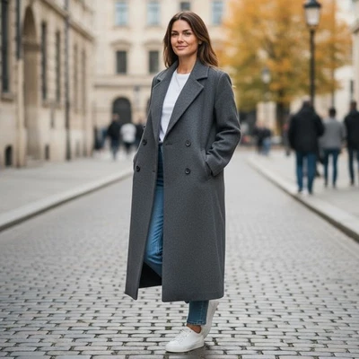 Kristen Blake Gray Wool Blend Coat 6P Italian Fabric Double Breasted Longline - Image 1 of 4