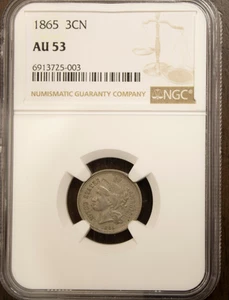 1865 Three Cent Nickel AU 53 NGC Lot 2086 - Picture 1 of 4