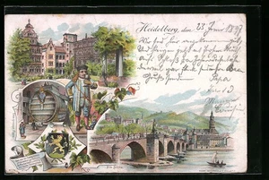 Lithographie Heidelberg, Alte Brücke, Schlosshof, Das grosse Fass 1897  - Picture 1 of 2