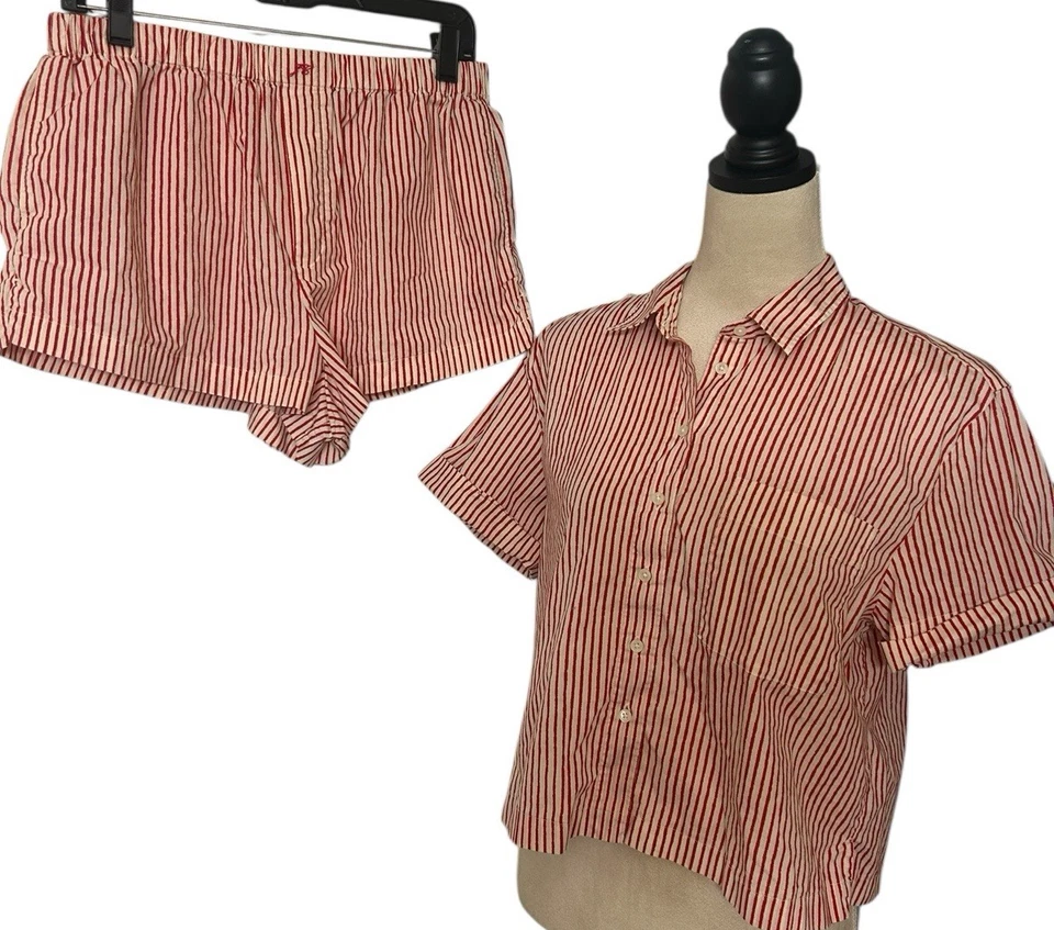 J. Crew 女式 100% 棉 2 件套睡衣上衣短裤套装红色白色 S 码 — 第 1/4 张图片
