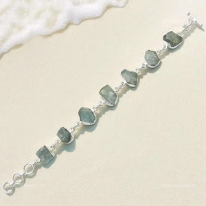 Natural Aquamarine Bezel Rough Stone New Chain Bracelet Jewelry 925 Solid Silver - Picture 1 of 7
