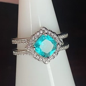 Bomb Party Ring- 01- Lab Created Dark Aquamarine- Size 8- Rhodium Plated - Picture 1 of 5