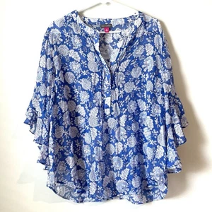 Vince Camuto Damen Blumenmuster blau weiß Flatterärmel Top Shirt Größe 2X - Bild 1 von 8