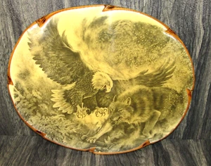 Vintage Bald Eagle vs Gray Wolf Print Lacquered Rustic Wood Wall Art 19"X15.5" - Picture 1 of 7