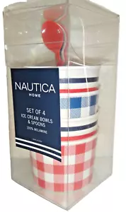 NAUTICA Home 8-PC SET 4 Ice Cream Bowls & 4 Spoons Red Blue White Melamine +BOX - Picture 1 of 6