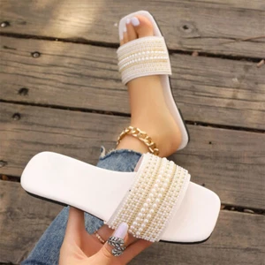 Women's Flat Slide Sandals with Faux Pearls Decor Square Open Toe Slip On Shoes - Picture 1 of 13