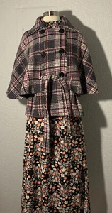 Women’s Retro 60s Mod Purple Plaid Batwing Sleeve Belted Jacket Coat, Size S/M - Picture 1 of 10