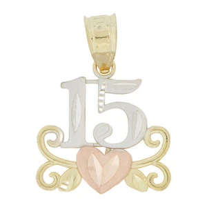 14k Tricolor Gold Small 15 Anos Quinceanera Heart Pendant 15mm Wide - Picture 1 of 6