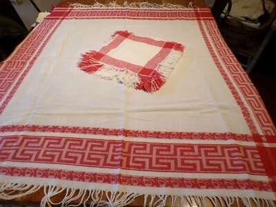 Linge ancien Nappe + 11 Serviettes coton blanc liteaux rouges et franges - Photo 1/4