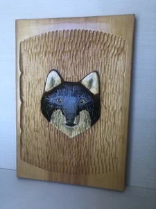 16x11 Unique Rustic Wood Wall Art Hand Chiseled Painted Wolf Face Signed Joseph - Picture 1 of 12