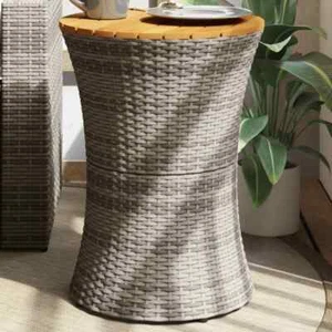 Garten-Beistelltisch Trommelform Grau Poly Rattan & Massivholz - Bild 1 von 10