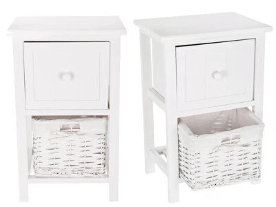 2PC White Shabby Chic Bedside Unit Tables Drawers Cabinet Wicker Storage Wooden  - Immagine 1 di 4