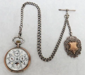ANKER DEUTSCH SILBER & GOLD MONDPHASE CHRONOGRAPH 49mm TASCHENUHR & ANHÄNGER KETTE - Bild 1 von 13