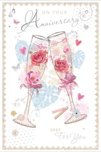 Open Wedding Anniversary Card - Champagne Flutes, Pink Flowers & Hearts 9" x 6" - Picture 1 of 1