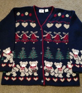 Vintage Nussknacker hässlich süßer Weihnachtspullover Strickjacke Glocken Bäume Gr. Medium - Bild 1 von 12