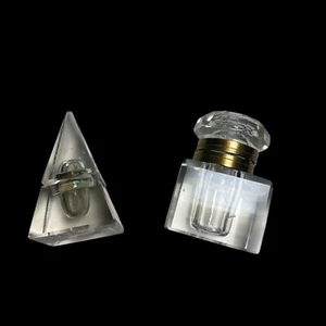 Antique Cut Crystal Glass Pyramid Prism Inkwell Hinged Brass Square LOT 2 - Picture 1 of 21