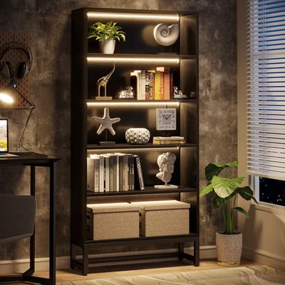Tall Bookcase Black Bookshelf, 70.8” Large Bookcases Organizer with LED Lights - Image 1 of 4