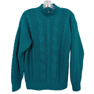 Vintage 80s Ellemmenno Sweater Teal Size M Cable Knit Mock Neck Acrylic - Picture 1 of 14