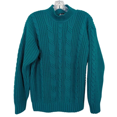 Vintage 80s Ellemmenno Sweater Teal Size M Cable Knit Mock Neck Acrylic - Image 1 of 4
