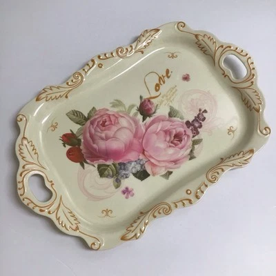 Melamine Floral Serving Tray NEW Handles Cream Pink Peonies Tea Vanity Serving - Image 1 of 4