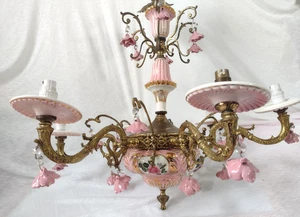 Antique Chandelier Hand Made Ceramic 24 Roses Drop and Brass Made 6 Arm 70cm 4kg - Picture 1 of 23