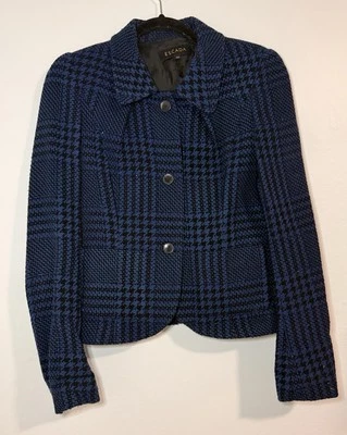 Blazer Chaqueta Blazer Azul Escada Talla 40 UK 12 Boucle Tweed Lana Caja Metálica Foto 1 de 4