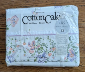 Vtg JP Stevens Cotton Cale Twin Flat Sheet Baby Iris White Purple Floral NOS - Picture 1 of 6