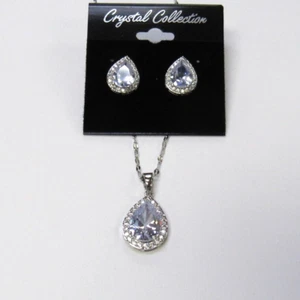 Silver Teardrop Cubic Zirconia Charm Necklace & Earrings Set Wedding #1158 - Picture 1 of 5