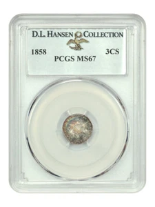 1858 3CS PCGS MS67 ex: D.L. Hansen - Picture 1 of 4