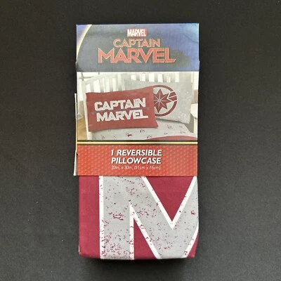 New ~ MARVEL Captain Marvel Reversible Pillowcase (20” x 30”)  Red and Gray - Image 1 of 4