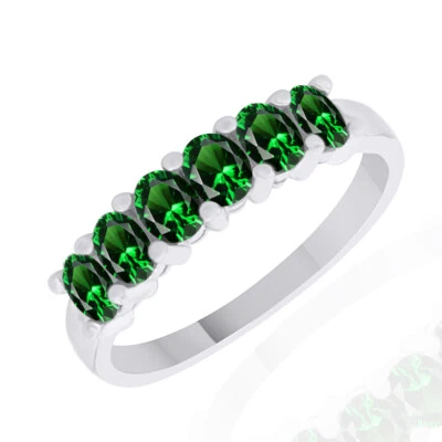 Oval Emerald With Round Two Diamond Accent Silver Band Ring - Image 1 of 2
