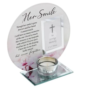 Glass Memorial Votive Tea Light Candle Holder with Photo Frame - Her Smile - Picture 1 of 4