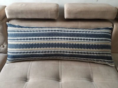 Extra long lumbar pillow navy blue striped rectangular throw pillow covers 14x36 - Image 1 of 4