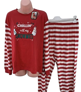 Women's Christmas Pyjama Set, 2 Piece, Size UK 12-14, Red Stripe Snowmies - Picture 1 of 18