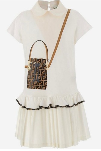 FENDI RAGAZZA ABITO IN JERSEY COTONE GESSO BORSA DESIGN ETÀ 12 ANNI