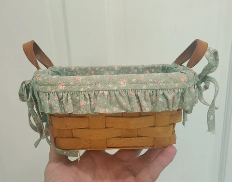 1997 Longaberger Rectangle Basket 7" X 5" X 3" Leather Handles Liner Cover
