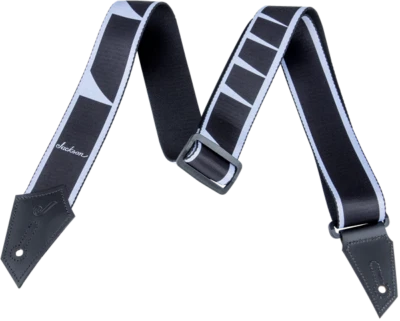 Correa de guitarra genuina con logotipo de Jackson con patrón de incrustación de aleta de tiburón, negro/blanco Foto 1 de 2