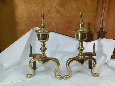 ANTIQUE Heavy BRASS Cannonball CHIPPENDALE BED CHAMBER-SIZE ANDIRONS 14"  X 8" Cover